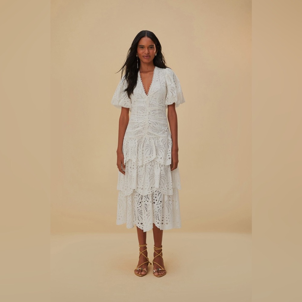 FARM Rio White Eyelet Tiered Midi Dress